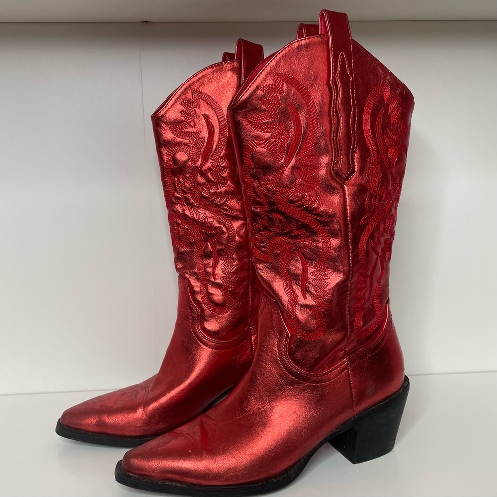 red metallic cowboy boots